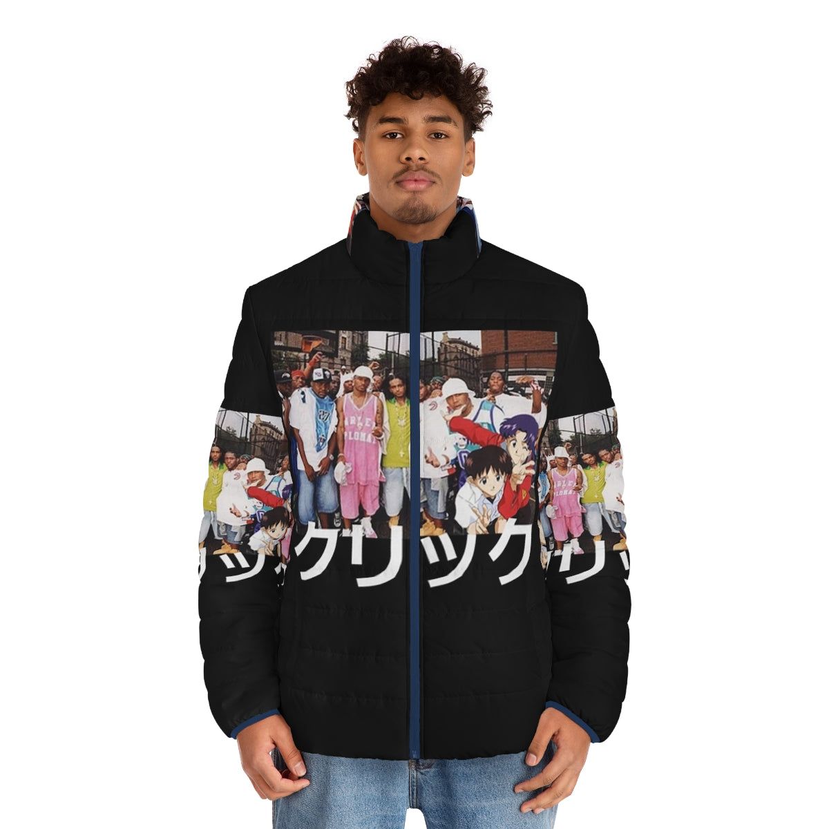 Evangelion x Dipset x Clique Puffer Jacket with anime and hip-hop graphics - men front