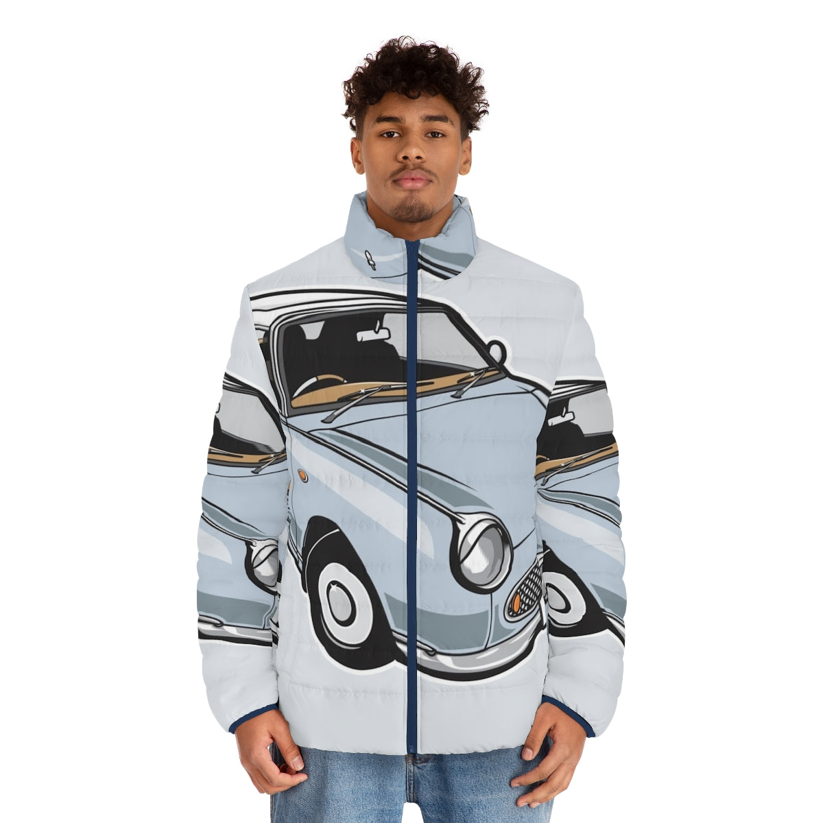 Pale aqua puffer jacket with Nissan Figaro car-inspired design - men front