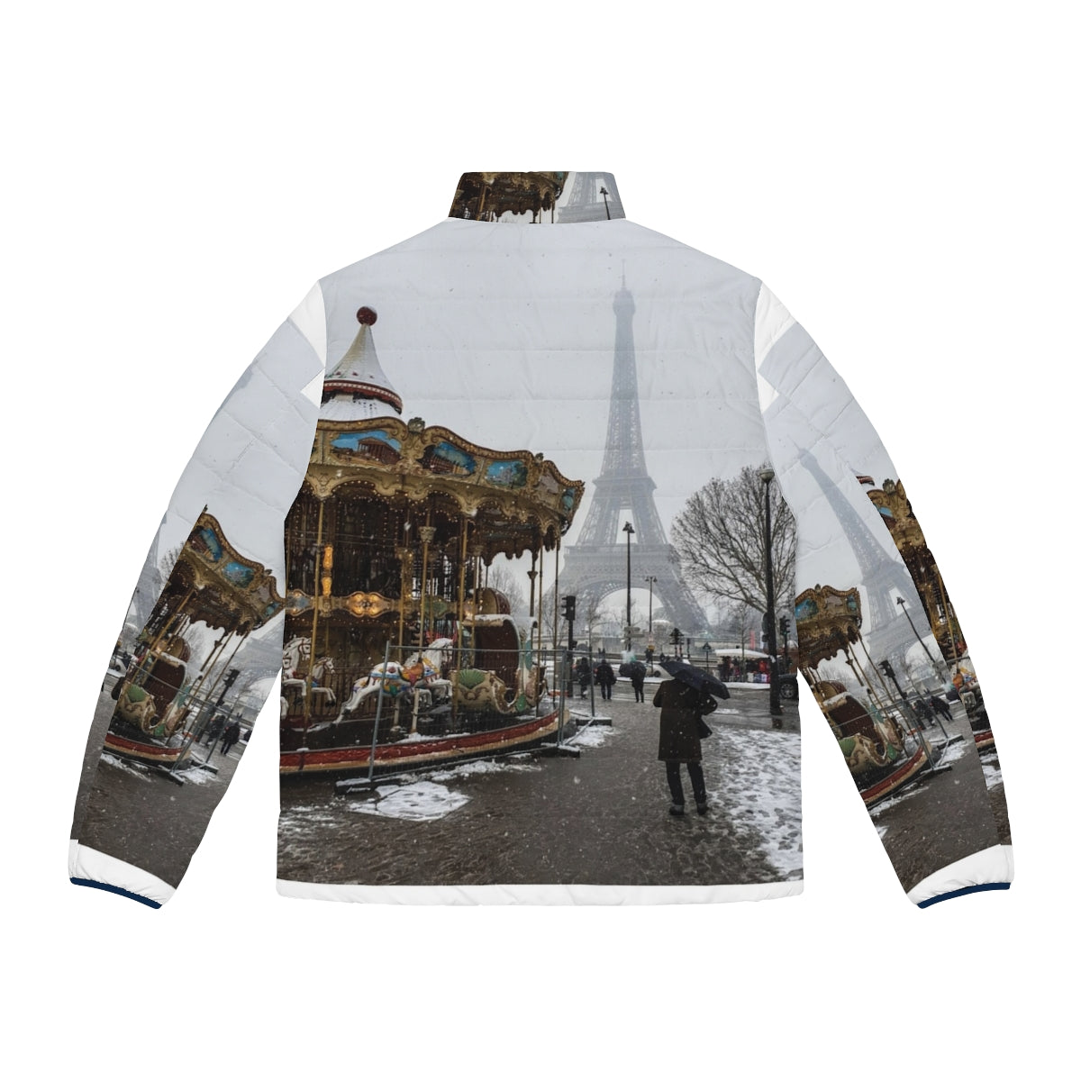 Person wearing a warm, stylish puffer jacket in front of the Eiffel Tower in Paris - Back