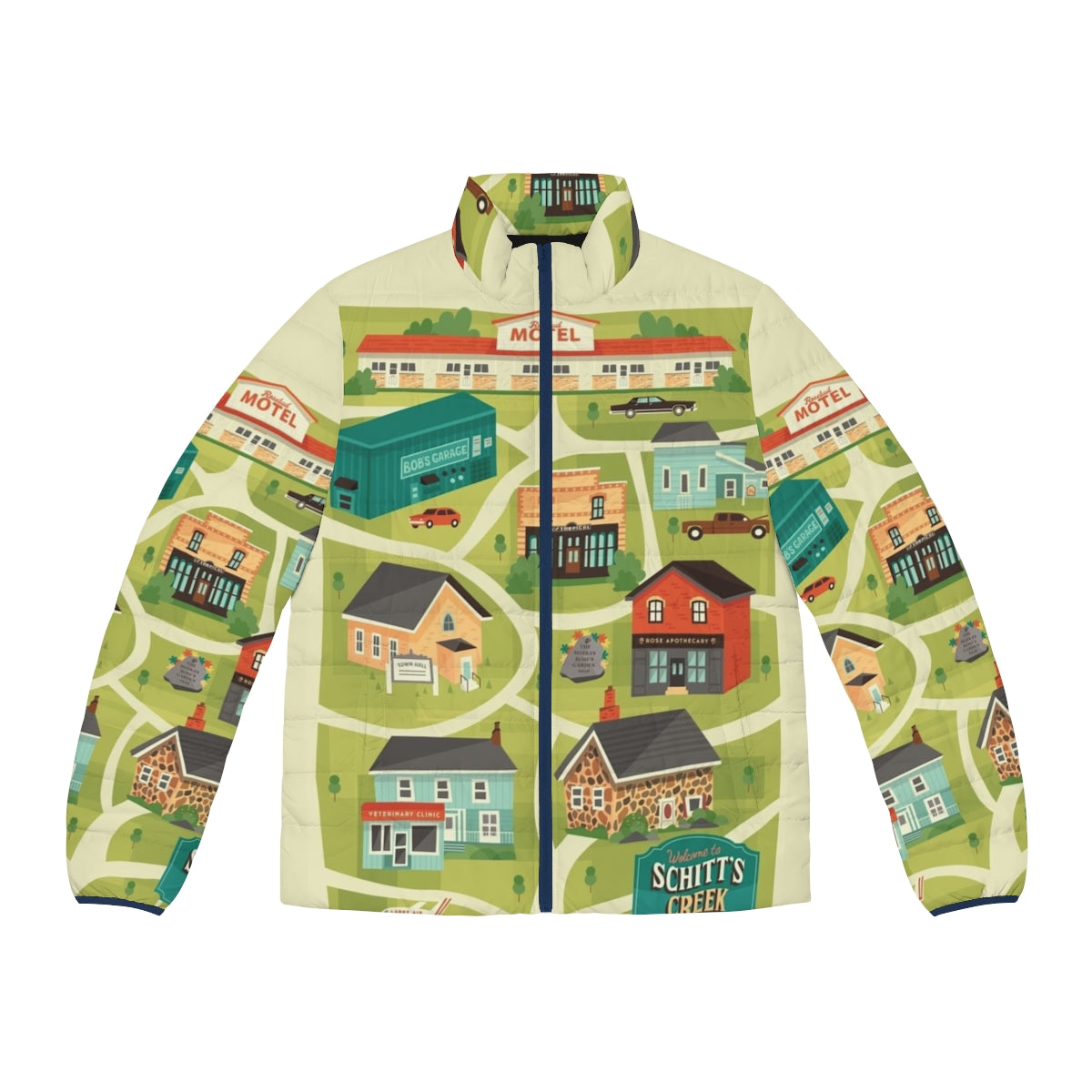 Schitt's Creek Town Map Puffer Jacket with Sitcom Characters