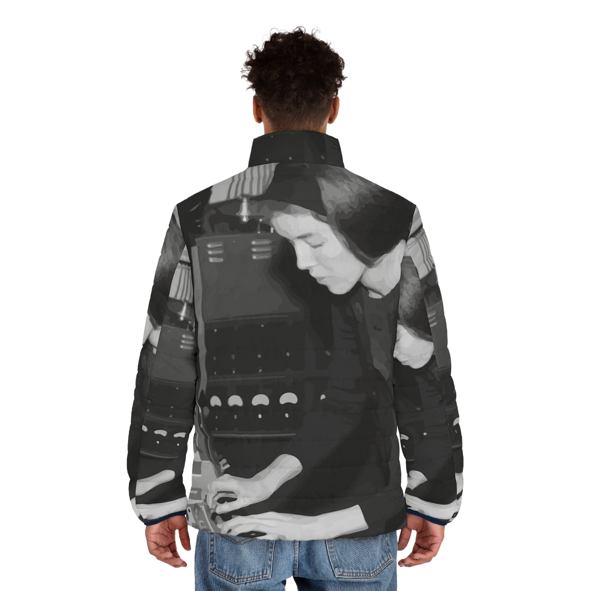 Delia Derbyshire themed puffer jacket with electronica and experimental music inspired design - men back