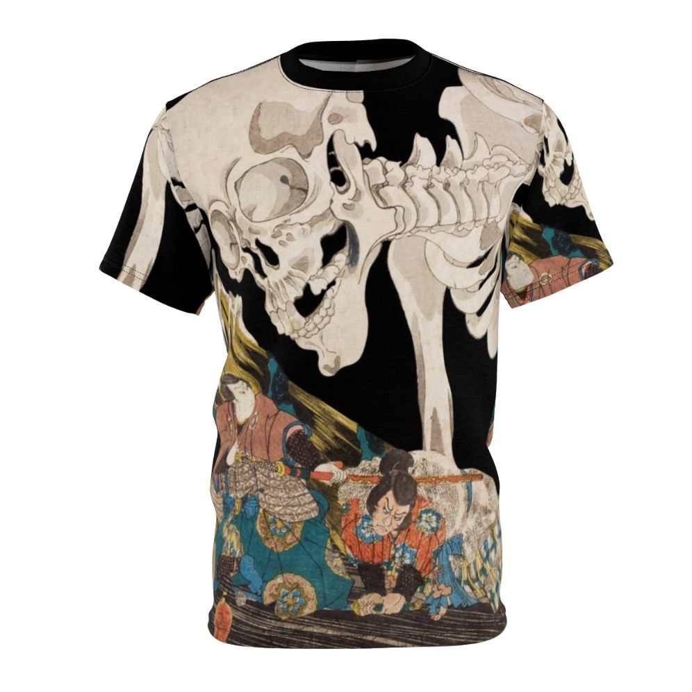 Vintage-style t-shirt featuring a spooky skeleton ghost in the style of traditional Japanese ukiyo-e woodblock prints.