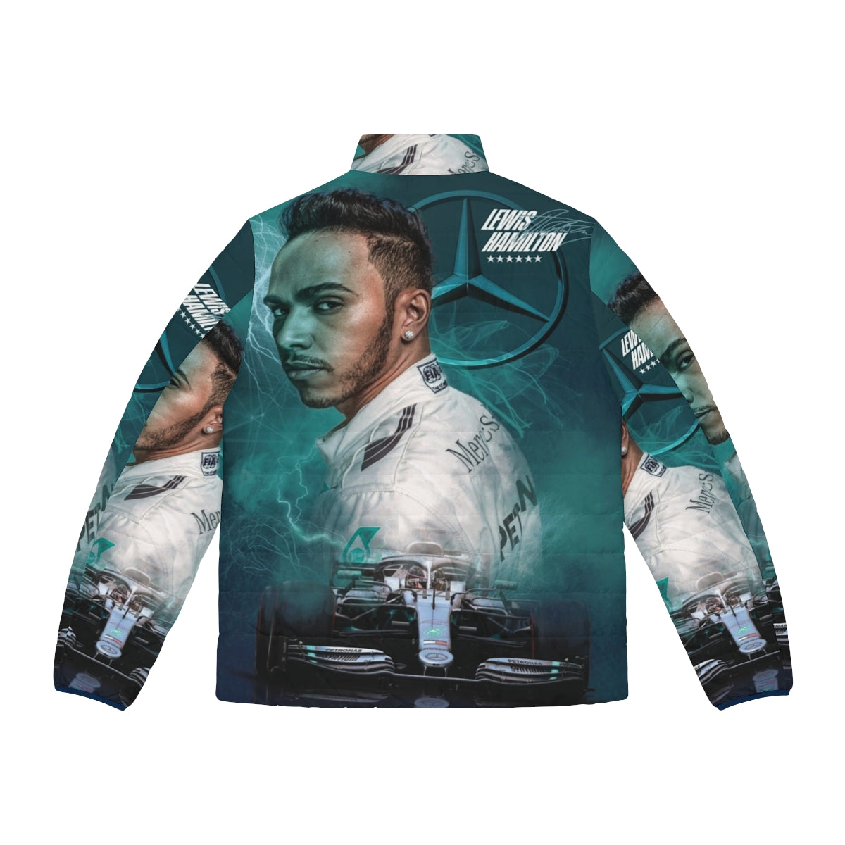 Lewis Hamilton wearing a puffer jacket with Mercedes AMG racing branding - Back