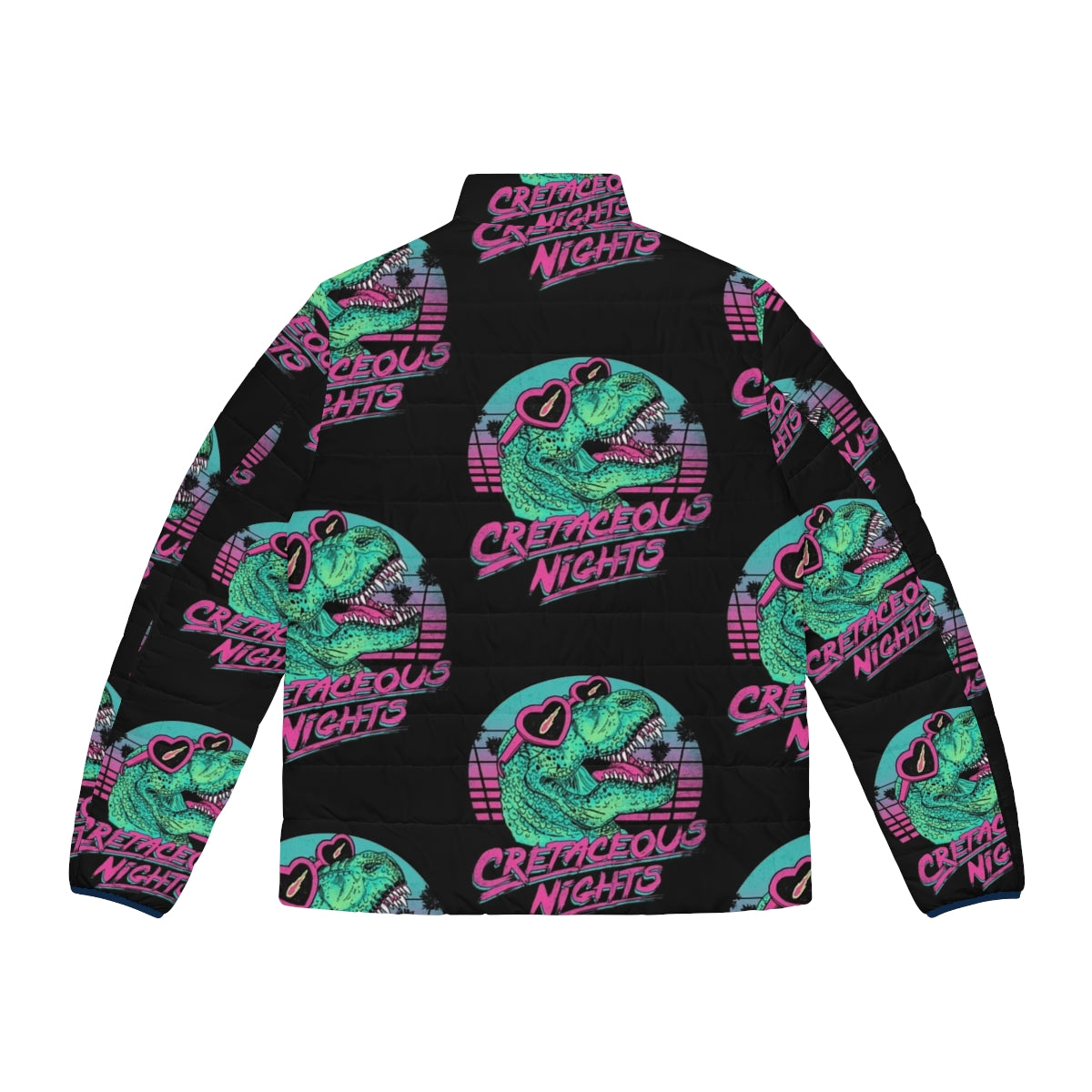 Cretaceous Puffer Jacket featuring a tyrannosaurus design in retro 80s style - Back