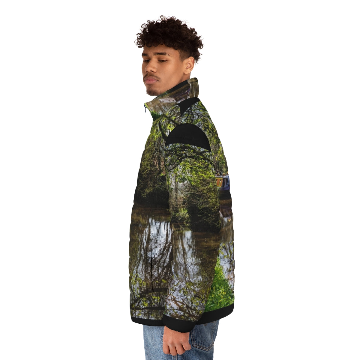 Puffer jacket featuring a scenic canal barge and reflections - men side left