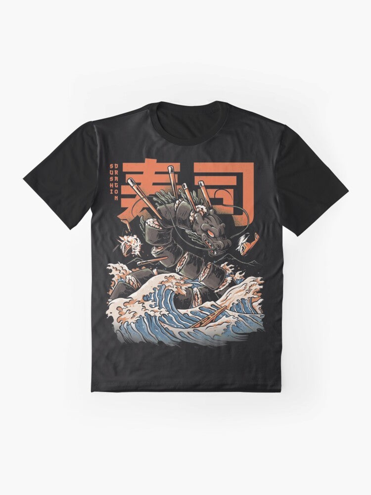 A vibrant graphic tee featuring a stylized dragon devouring sushi against a backdrop of the iconic Kanagawa wave, evoking the essence of Japanese culture and kaiju art. - Flat lay