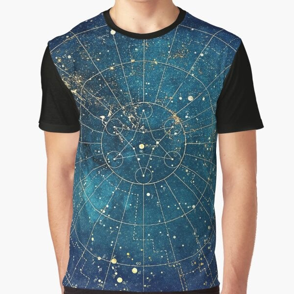 Graphic t-shirt featuring a star map design with city lights against a dark night sky