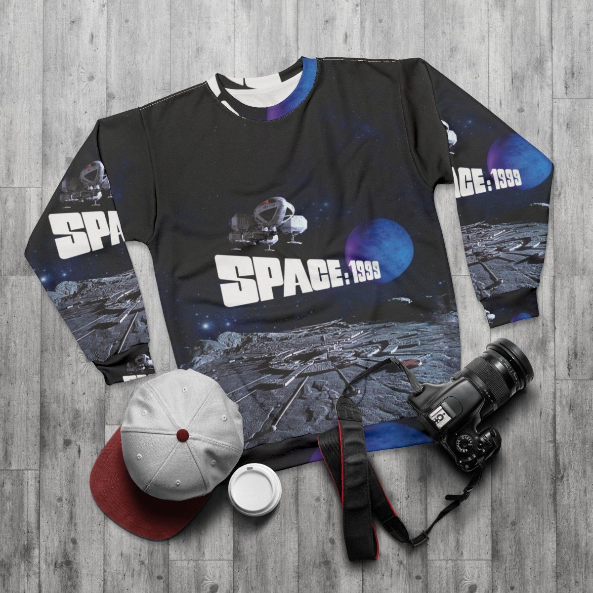 Retro eagle over alpha with planet 1 space-themed sweatshirt - flat lay