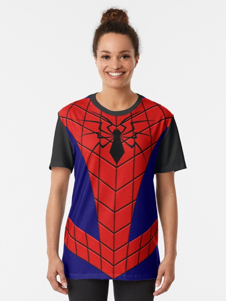 Spider-Man graphic t-shirt in blue and red colors with glowing symbol - Women