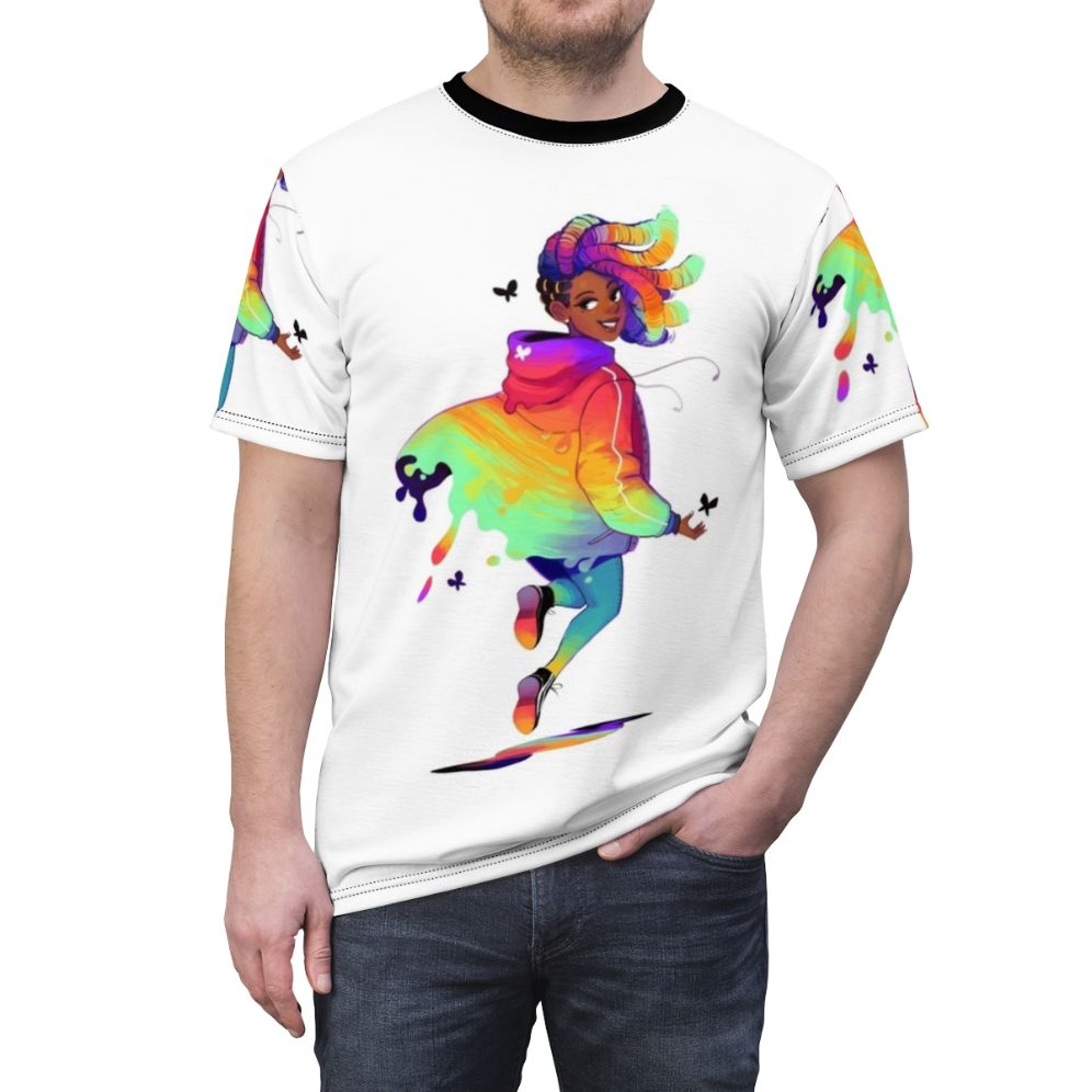 Model wearing a black t-shirt with a colorful raincoat graphic design - men front