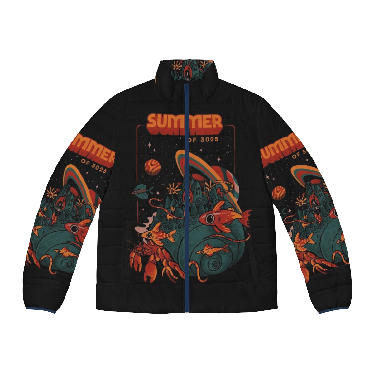 Retro futuristic puffer jacket with cosmic, intergalactic, and aquatic design elements