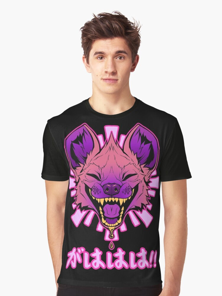 Adorable chibi hyena character in a kawaii Japanese-inspired vaporwave design on a graphic t-shirt. - Men