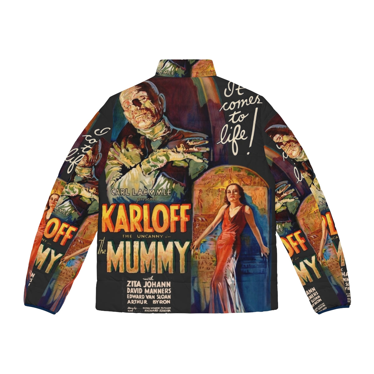 Vintage The Mummy horror movie poster printed on a puffer jacket - Back