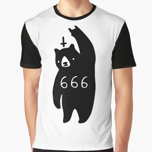 Black Bear Metal Graphic T-Shirt with Devil Horns and Satanic Symbols