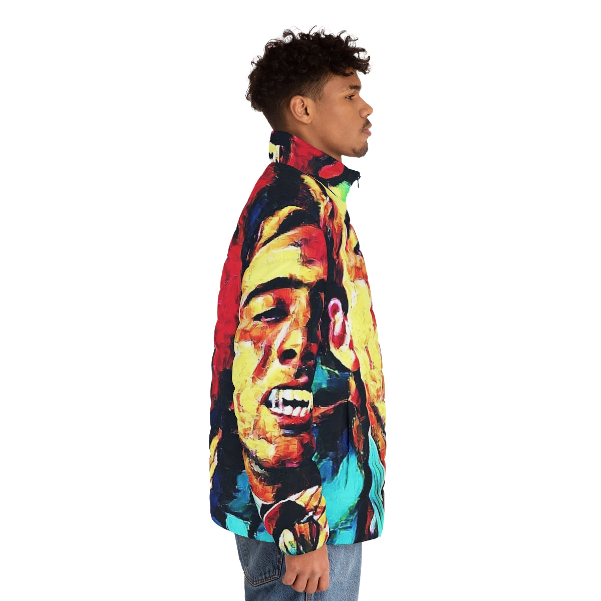 Vampire Kiss Puffer Jacket featuring a colorful and abstract vampire-inspired design - men side right