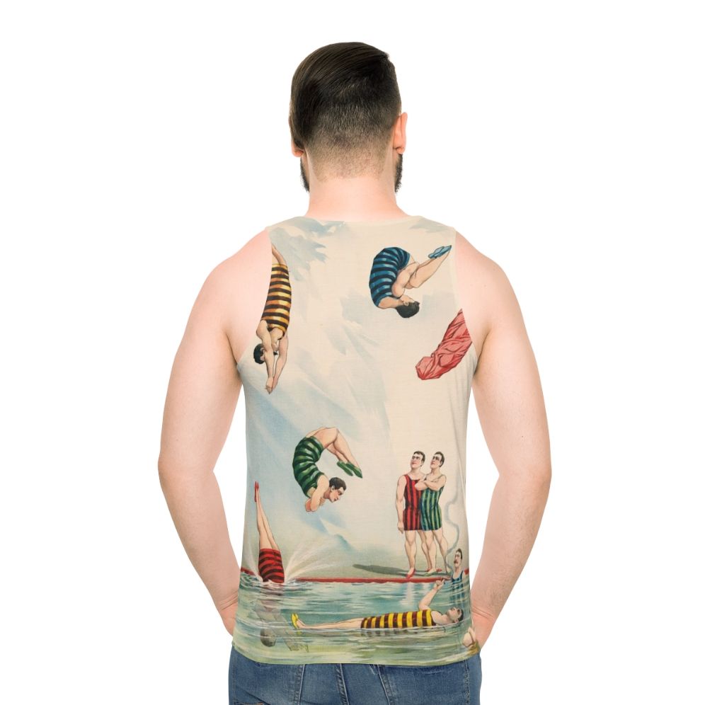 Vintage circus-inspired unisex tank top with colorful stripes - men back