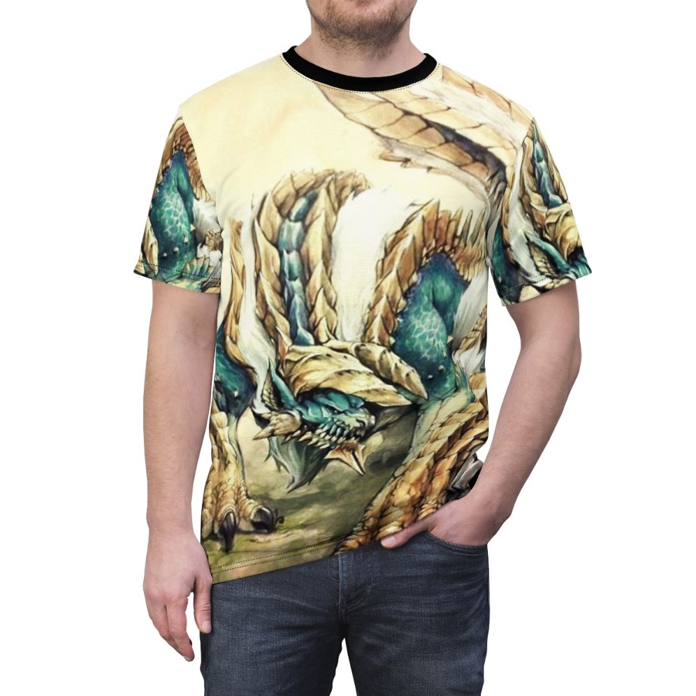 A T-shirt design featuring the fearsome Zinogre monster from the Monster Hunter video game series. - men front