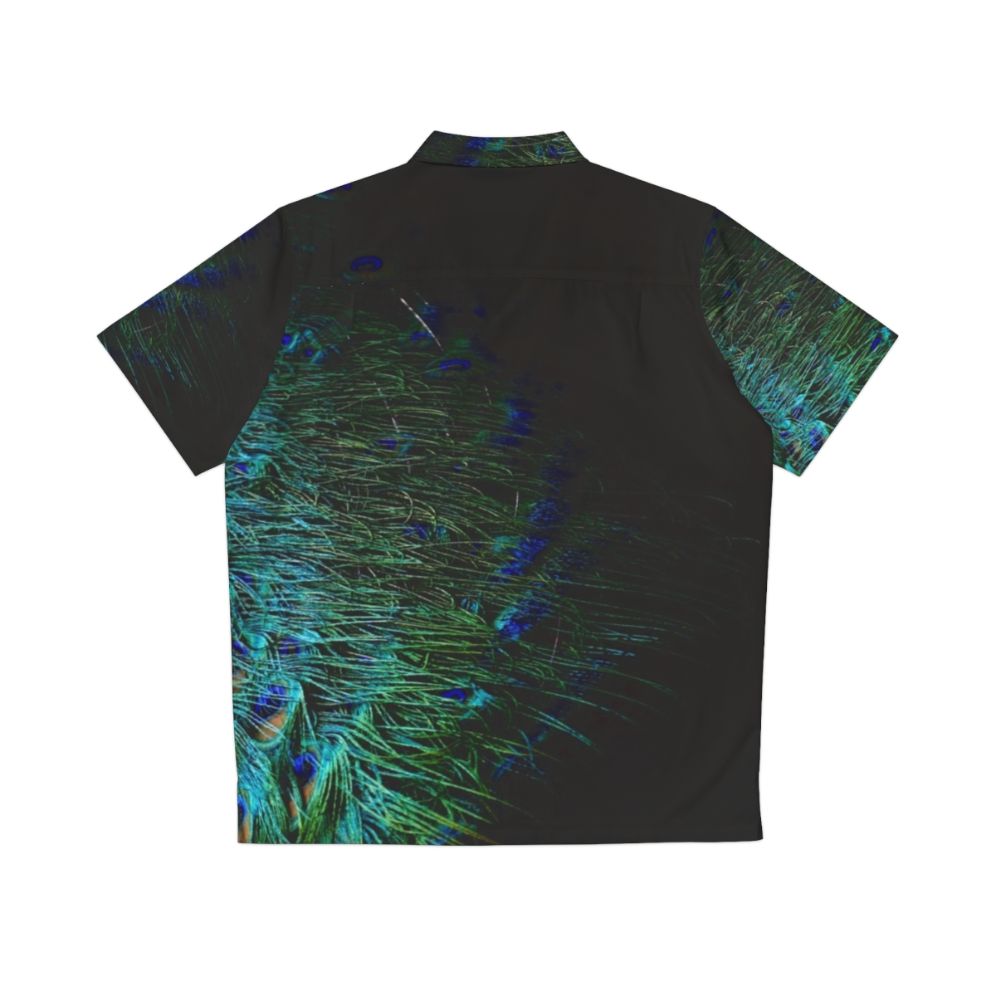 Peacock feathers in a modern, abstract design on a black background Hawaiian shirt - Back