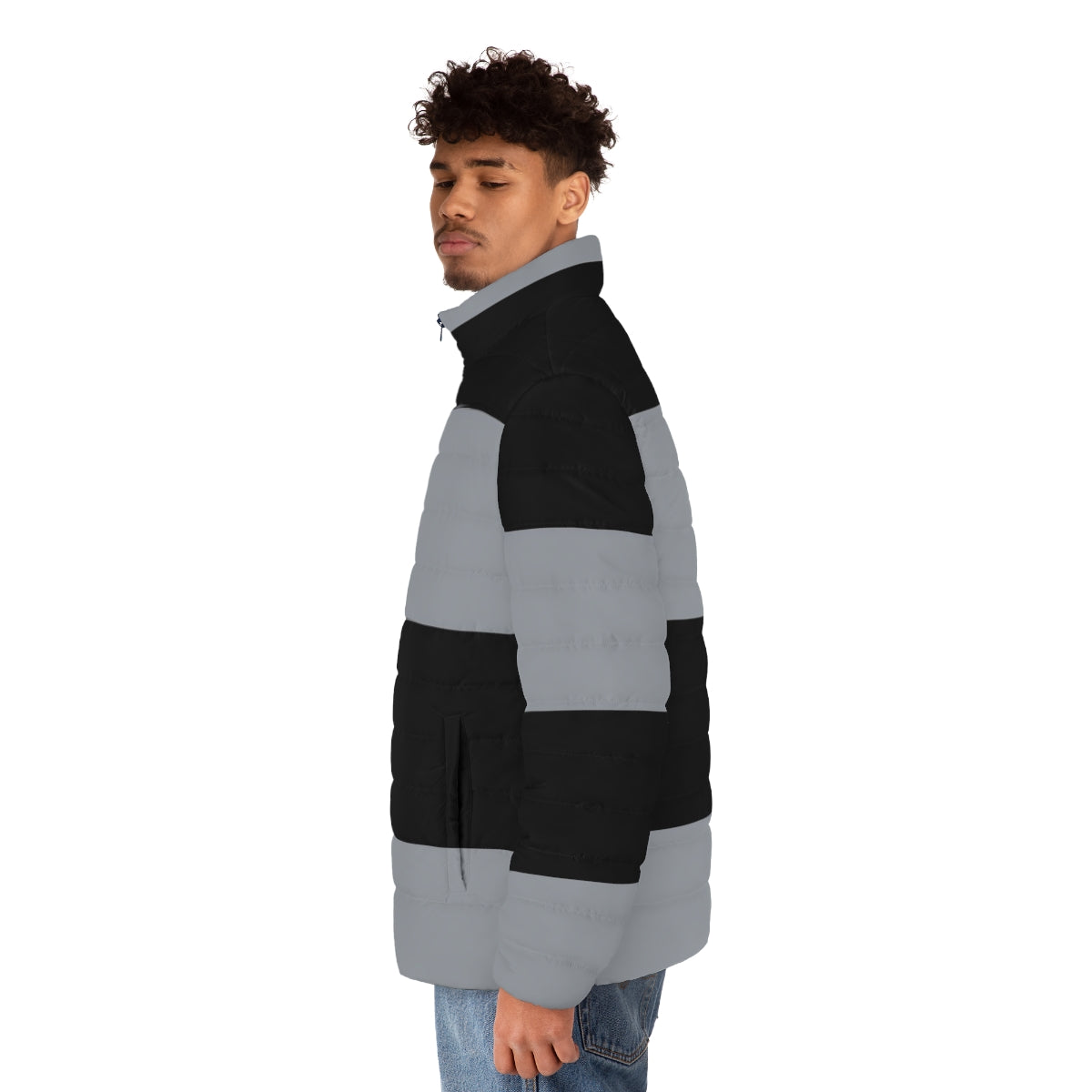 A black and grey horizontal striped puffer jacket, perfect for cold weather - men side left