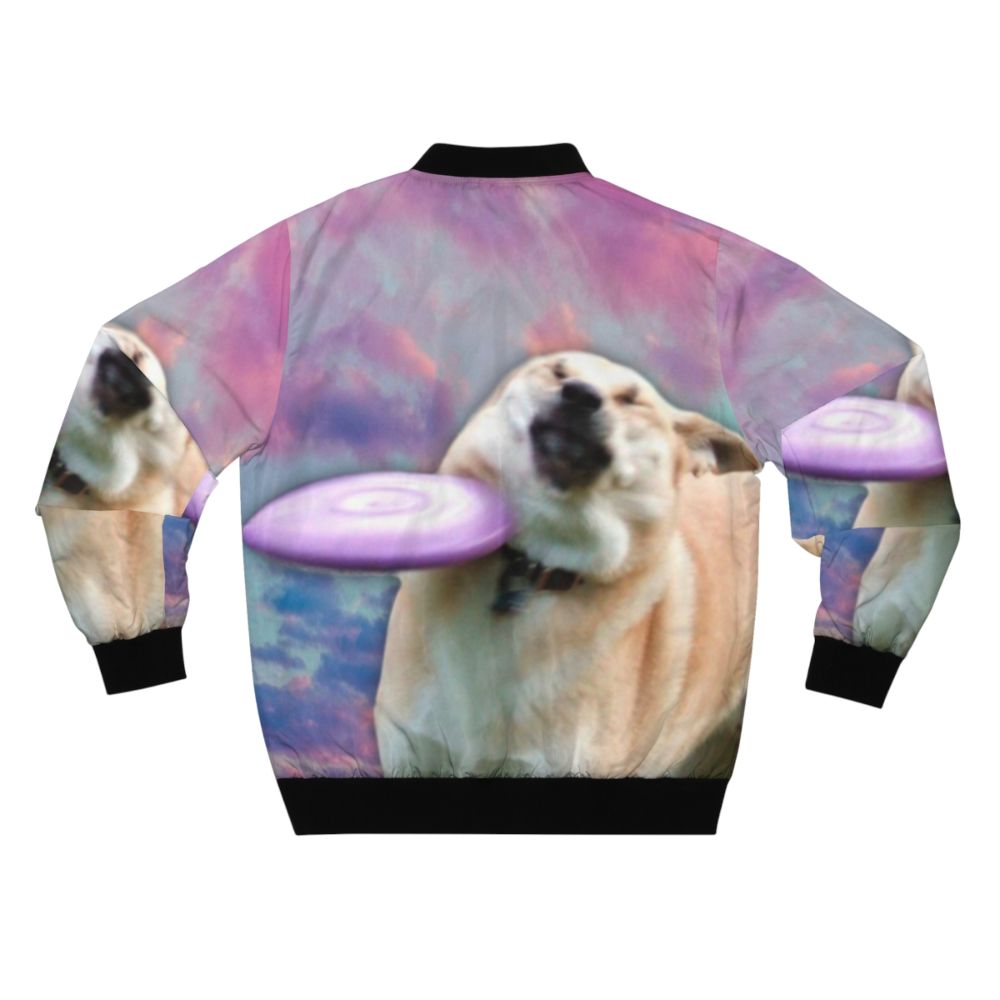 A Frisbee-catching Doge meme-inspired bomber jacket with a vaporwave cloud design - Back