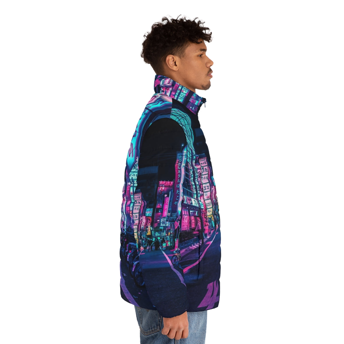 Tokyo Neon Wonderland Puffer Jacket 2 - Futuristic cyberpunk style puffer jacket with neon lights and pastel colors - men side right