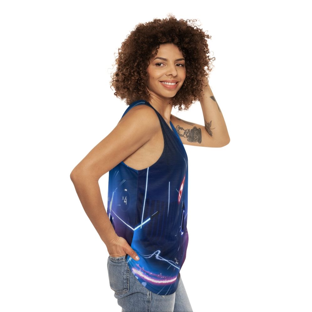 Unisex tank top featuring virtual reality, gaming, and futuristic space-themed design - women side