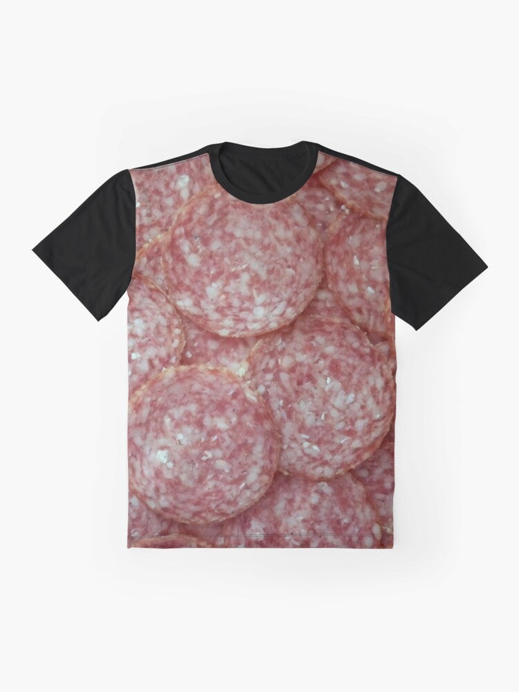 Italian salami graphic design printed on a t-shirt - Flat lay