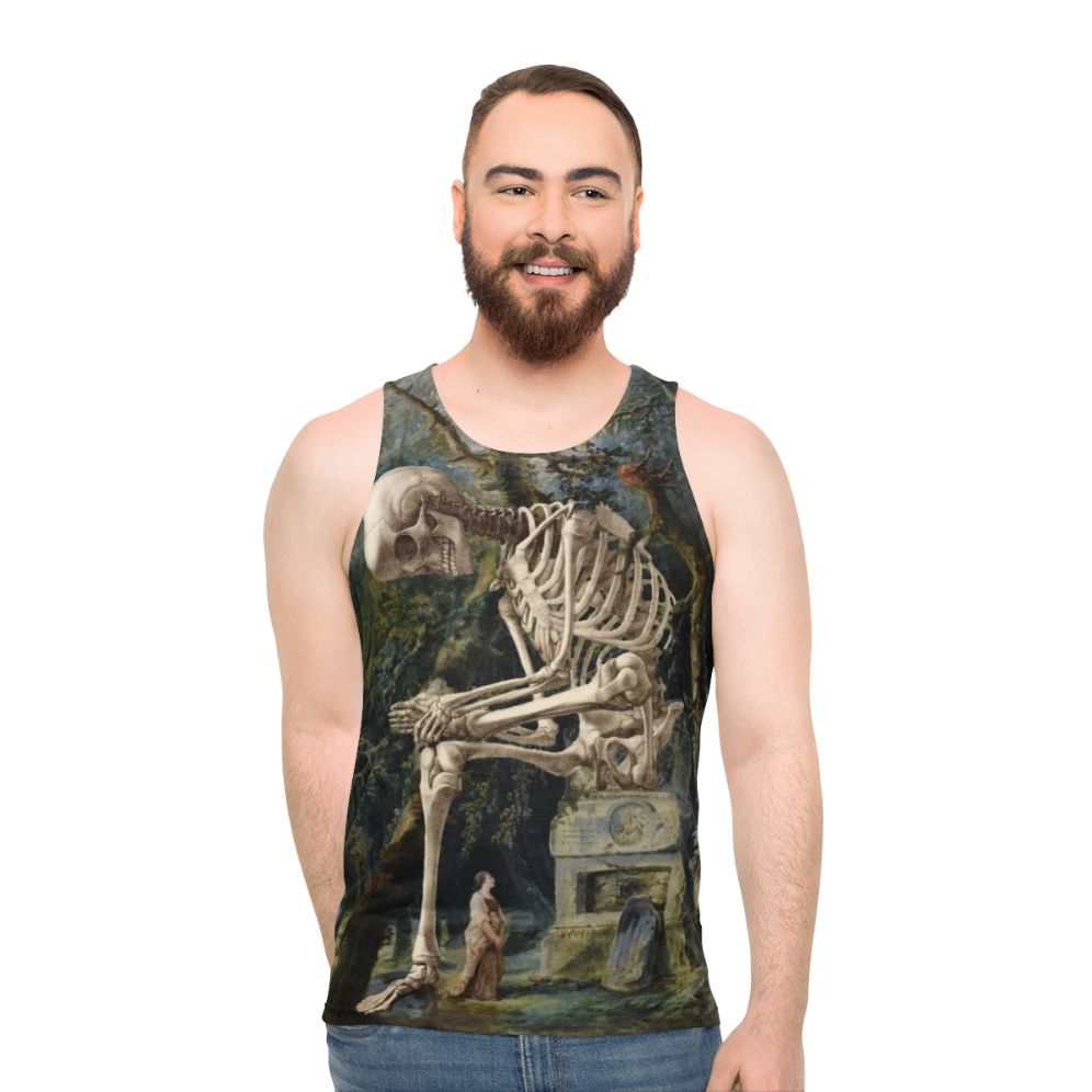 Surreal art unisex tank top featuring an illustration of a skull and skeleton - men