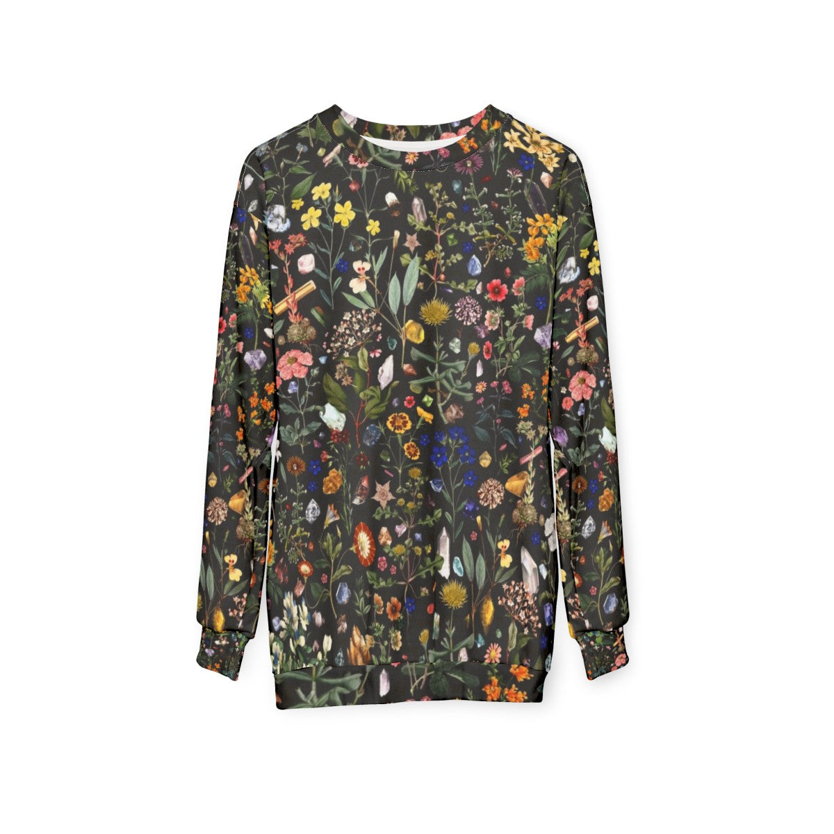 Healing Floral Botanical Sweatshirt with Colorful Nature-Inspired Digital Print - hanging