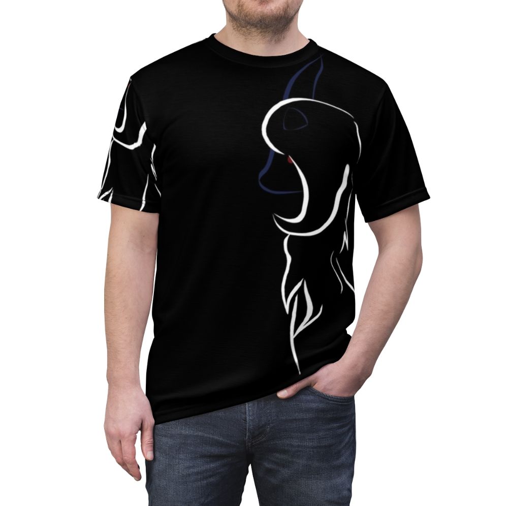 Absol, a Dark-type Pokemon, featured on an all-over print t-shirt design - men front