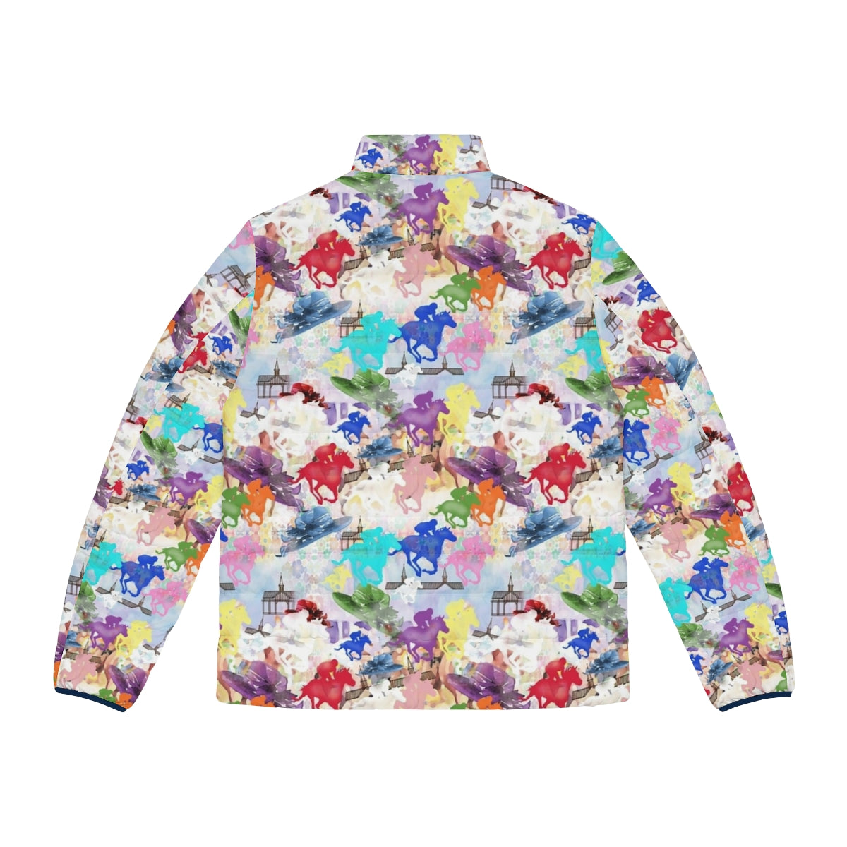 Colorful horse silhouette puffer jacket with focus on equestrian and horse racing - Back