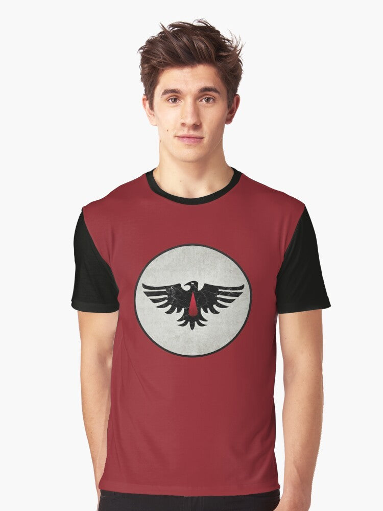 A graphic t-shirt featuring the iconic Blood Ravens chapter sigil and pauldrons of the Warhammer space marines. - Men