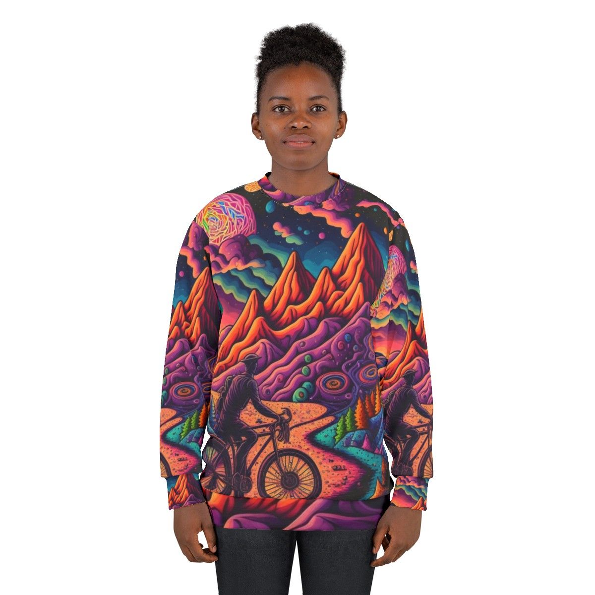 Psychedelic art sweatshirt featuring colorful 1943 bicycle design - women