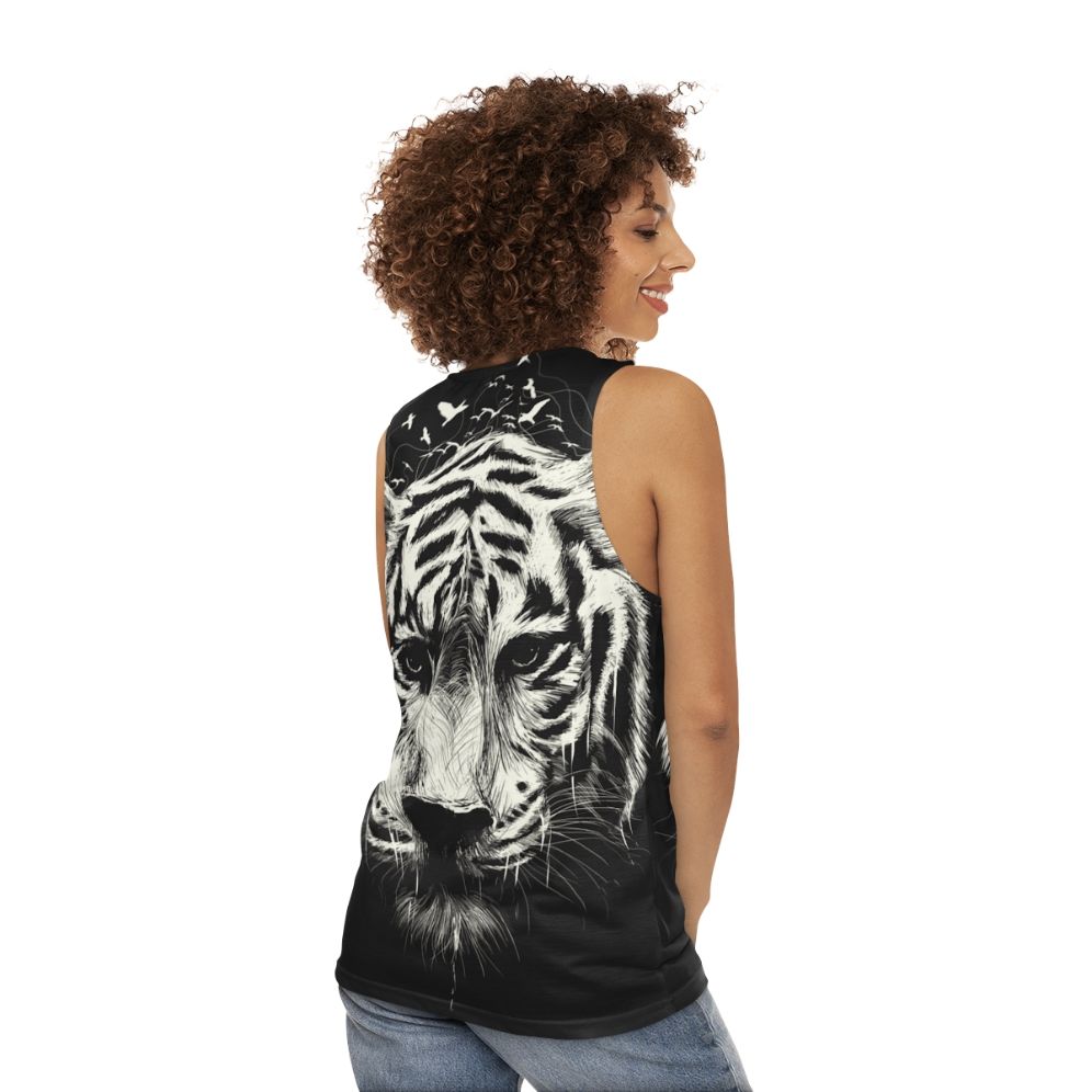 Interconnected unisex tank top with nature-inspired graphics - women back