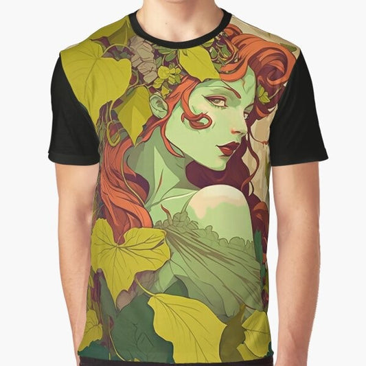 A whimsical female portrait of Poison Ivy in an art nouveau style, surrounded by a nature theme.