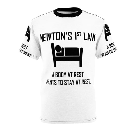 Funny physics t-shirt design featuring a humorous take on Newton's first law of motion