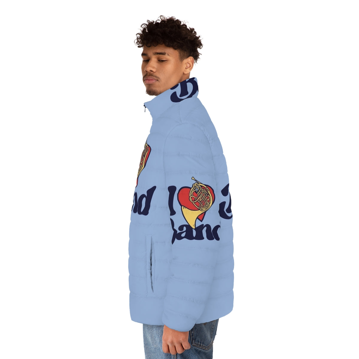 A cozy puffer jacket featuring the text "I Love Band" - men side left