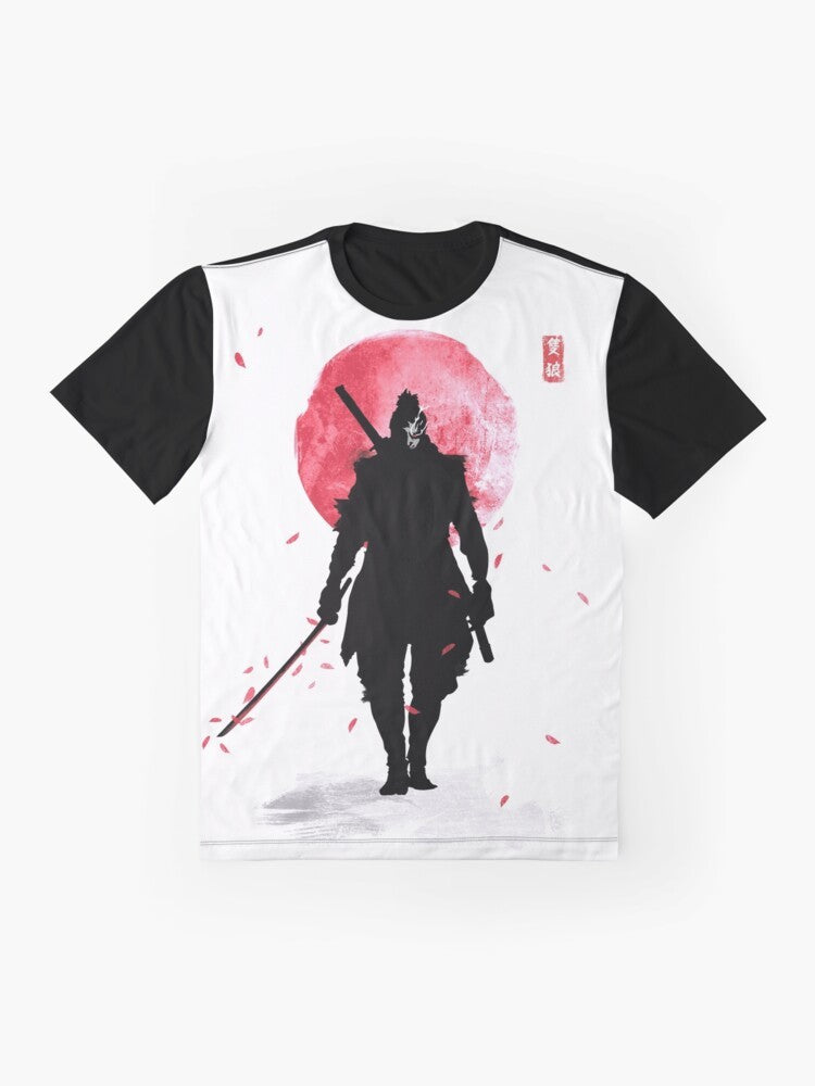 One Armed Wolf Graphic Videogame T-Shirt with Samurai, Katana, and Japanese Motifs - Flat lay