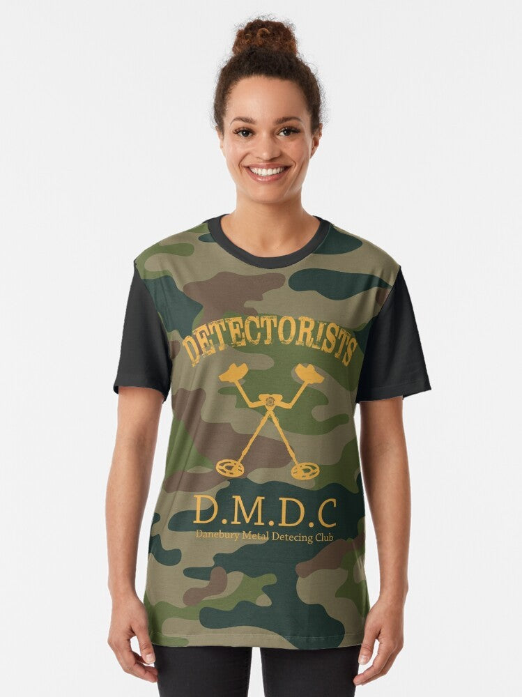 Detectorists Camo Graphic T-Shirt featuring a metal detector and archaeology-themed design - Women