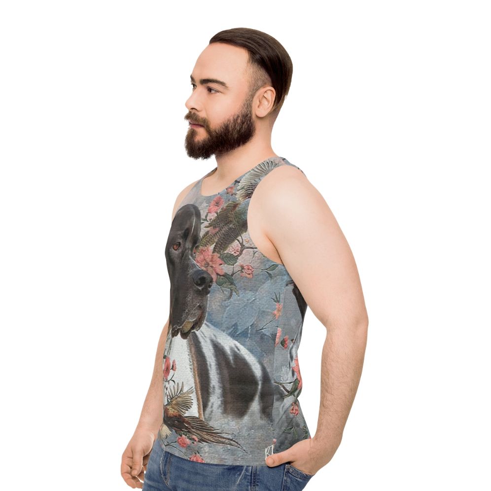 Pointer dog with pheasants on a unisex tank top - men side