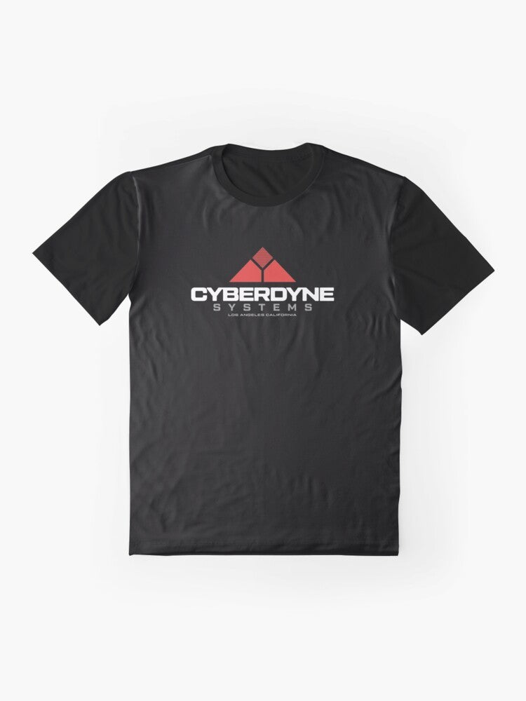 A graphic t-shirt featuring the Cyberdyne Systems Corporation logo and Terminator imagery, representing the sci-fi and artificial intelligence themes. - Flat lay