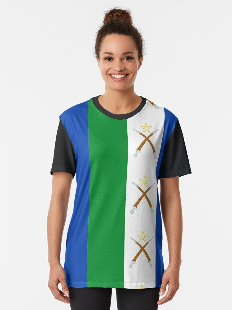 Graphic t-shirt featuring the flag of the Afar people (Qafara) from Ethiopia and Djibouti. - Women