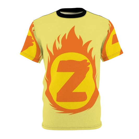 A high-quality AOP t-shirt featuring a superhero-inspired fire insignia design with a letter.