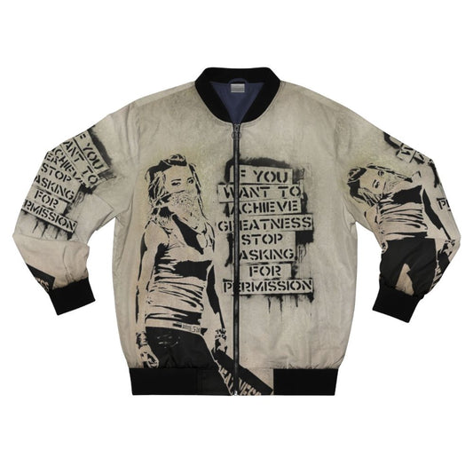 Banksy graffiti-inspired bomber jacket with motivational quote "If You Want to Achieve Greatness"