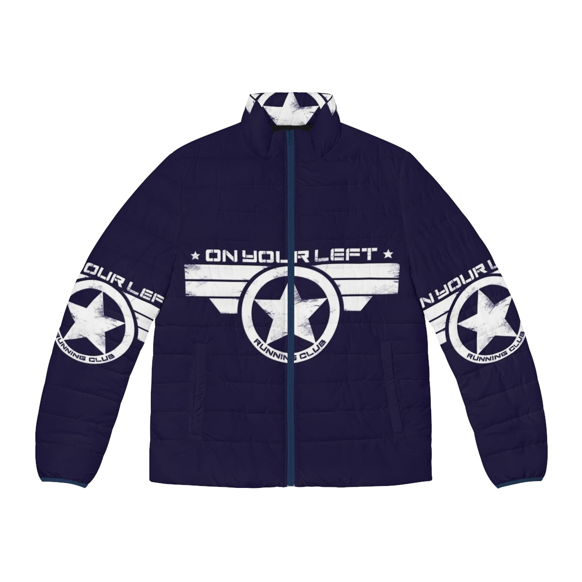 Captain America inspired puffer jacket with distressed "On Your Left Running Club" print