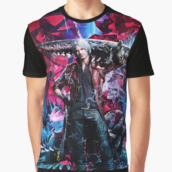 Dante from the video game Devil May Cry V featured on an abstract, colorful graphic t-shirt