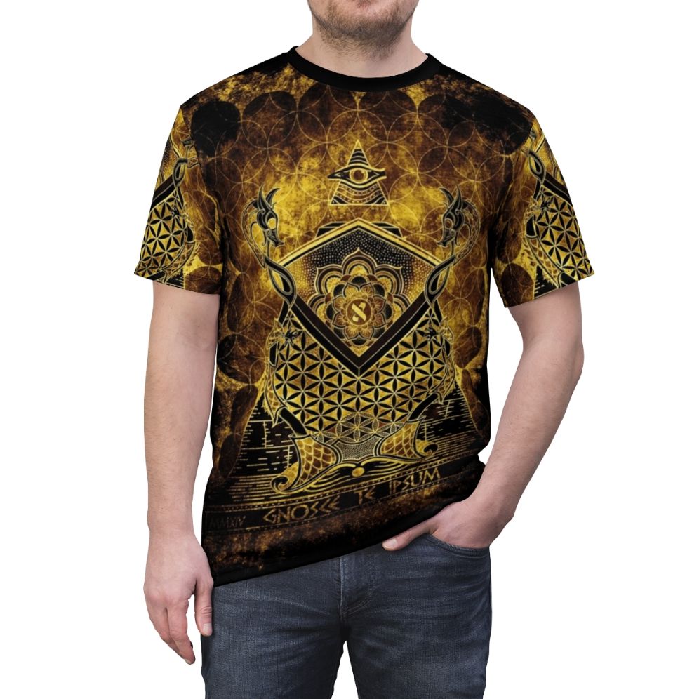 Sacred Geometry Spiritual T-Shirt featuring mandala, lotus, and flower of life designs - men front