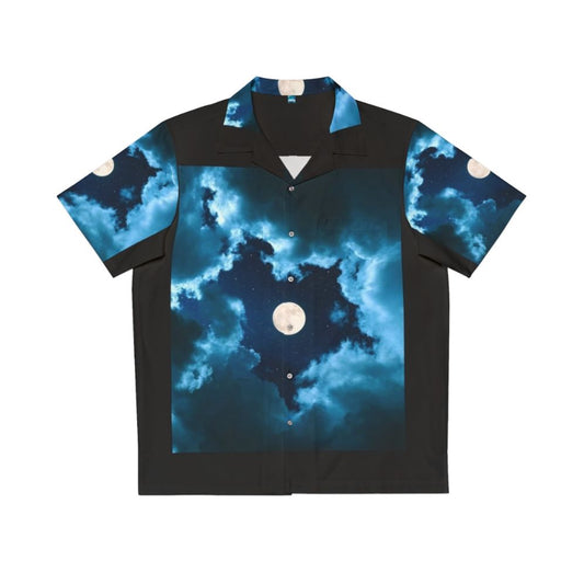 Cosmic Moonshine Hawaiian Shirt featuring a night sky, galaxy, and moon motifs