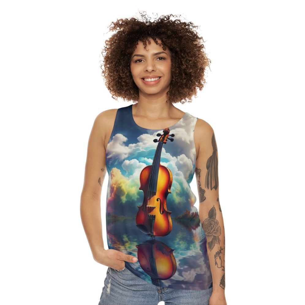 Unisex tank top with nature-inspired artistic landscape and melodic reflection - women