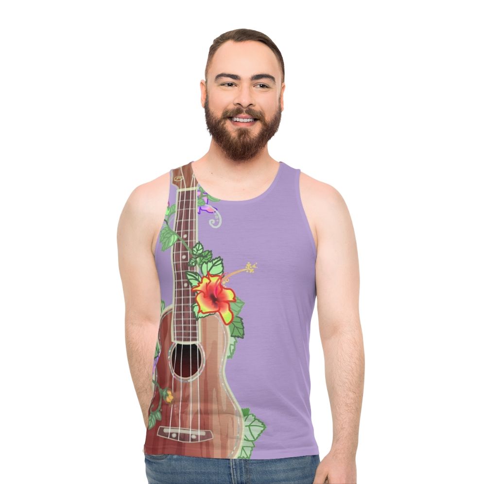 Koa ukulele inspired unisex tank top with floral design - men